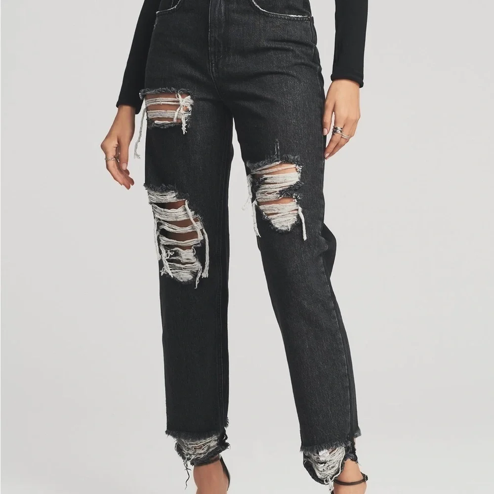 Retrofete Maggie Black Distressed Straight Leg‎ Denim Jeans Sz 27 90s Grunge